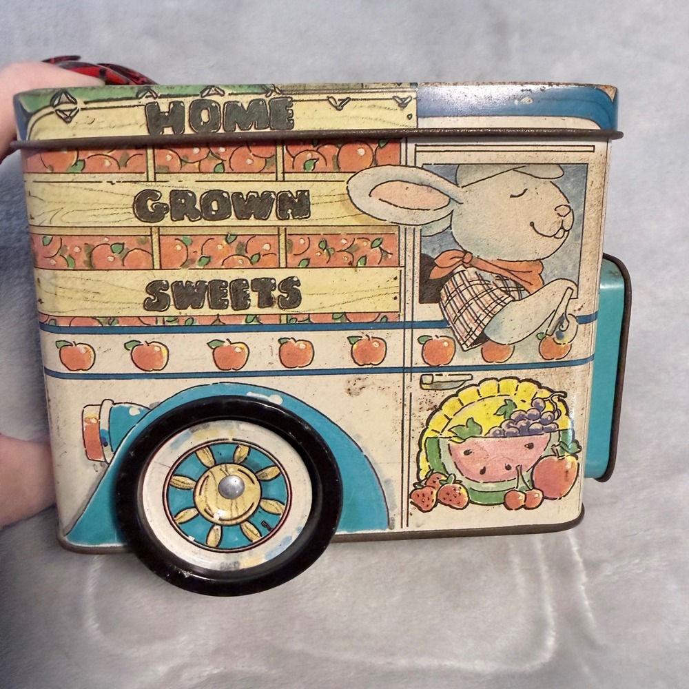 Vintage Home Grown Sweets Truck Tin SCC Rolling Wheels Bunny Bear Storage Can